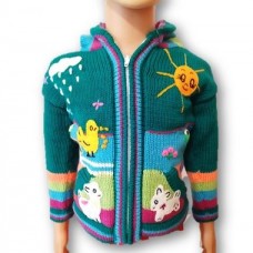 Kinder Strickjacke Jungen blau Kapuze Bauernhof Tiere Peru Inka Anden Handarbeit 
