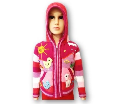 Kinder Jacke Strick gestrickt Kapuze Peru Tiere Handarbeit traditionell Magenta 