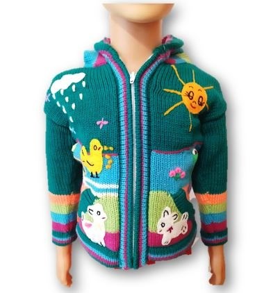 ECHT Peru Kinder Strickjacke Handarbeit Kapuze Bauernhof Tiere Zoo Berge Neu 